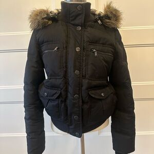 Victorias Secret PINK Black Puffer Jacket Removable Fur Hood Size M Fits Small